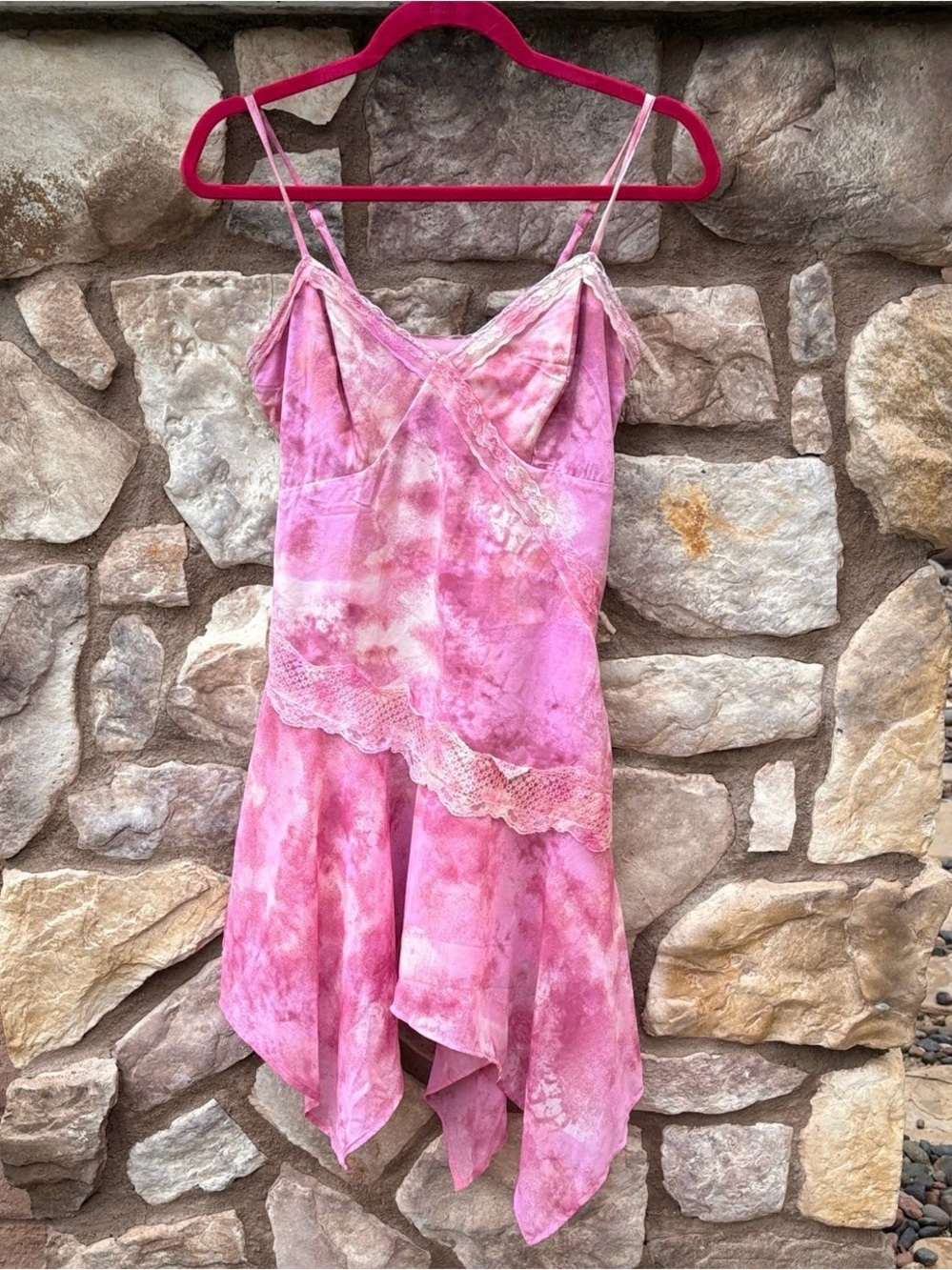 Slip Dress Asymmetrical Babydoll Fairy Lace Trim Y2K Pink XS